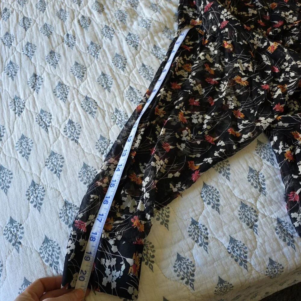 Joie Black Pink Silk Sheer Floral Ruffle Tie Neck Blouse Size M Boho Romantic - Picture 14 of 14